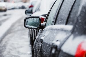 Freezing rain and ice on car in traffic in Tulsa OK